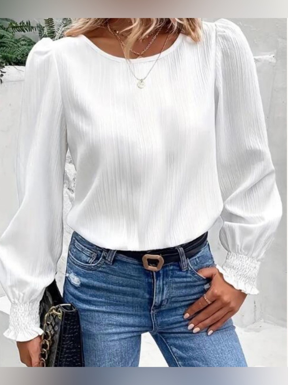 Miss Sparkling White Textured Puff Sleeve Blouse XL Boho Peasant Top